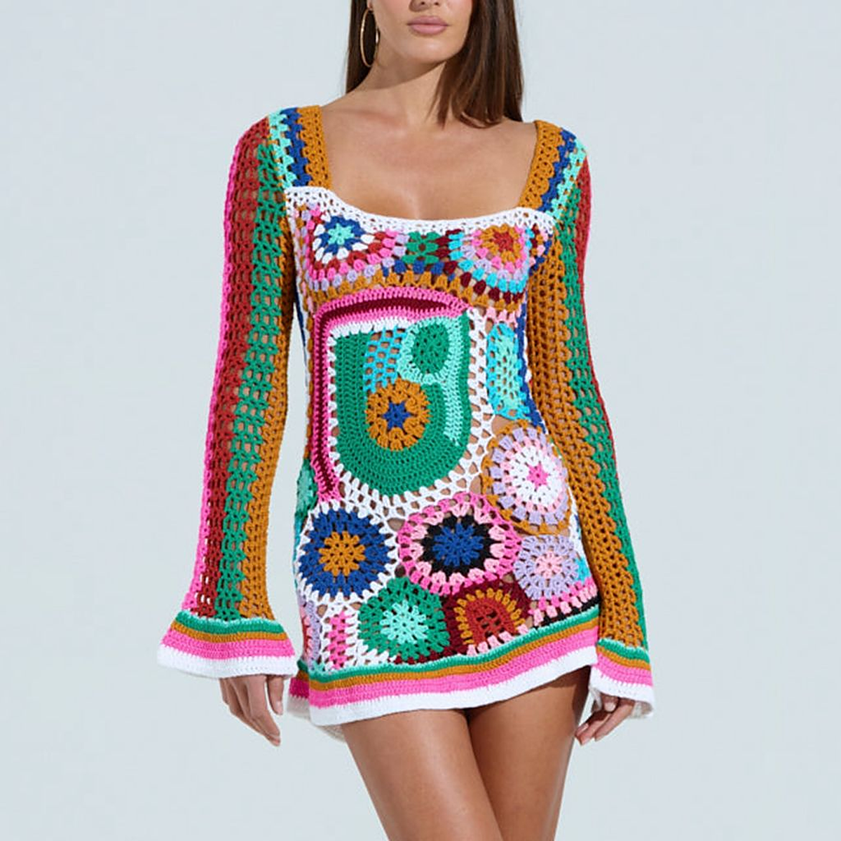 Riviera Mosaic Crochet Mini Dress — front view