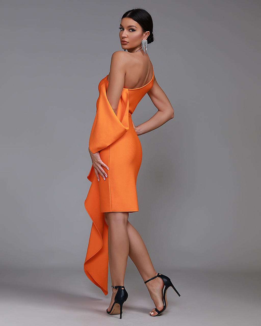 Solenne One-Shoulder Draped Dress — rear three-quarter