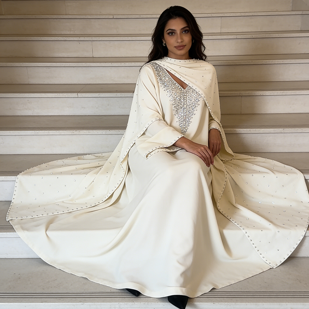 Aureline Ivory Embellished Modest Gown — seated