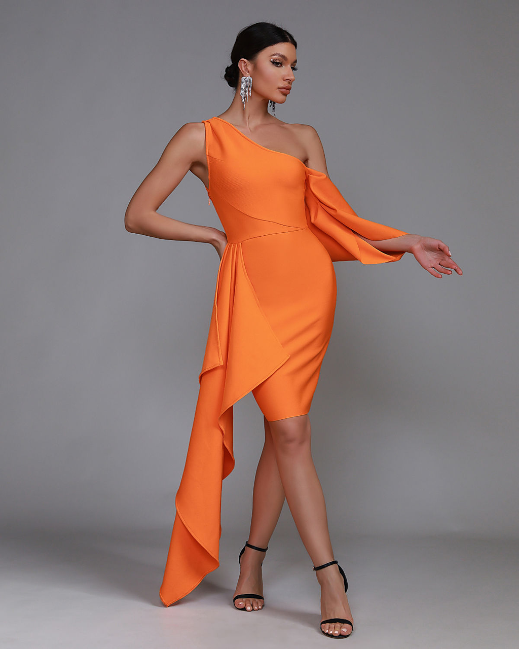 Solenne One-Shoulder Draped Dress — side editorial