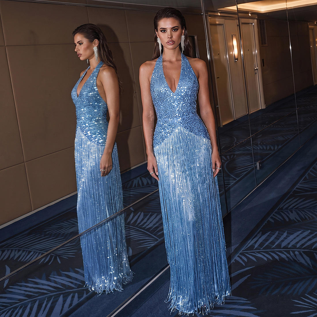 Celestine Fringe Halter Gown — front editorial