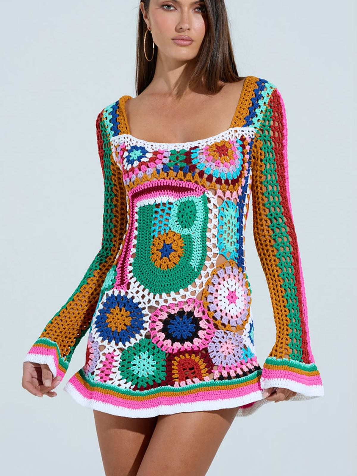 Riviera Mosaic Crochet Mini Dress — editorial front view