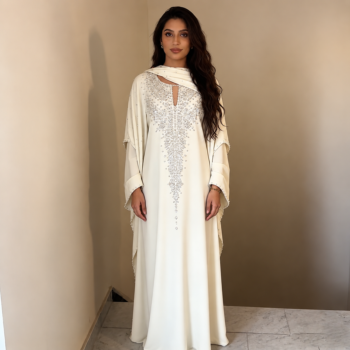 Aureline Ivory Embellished Modest Gown — editorial front