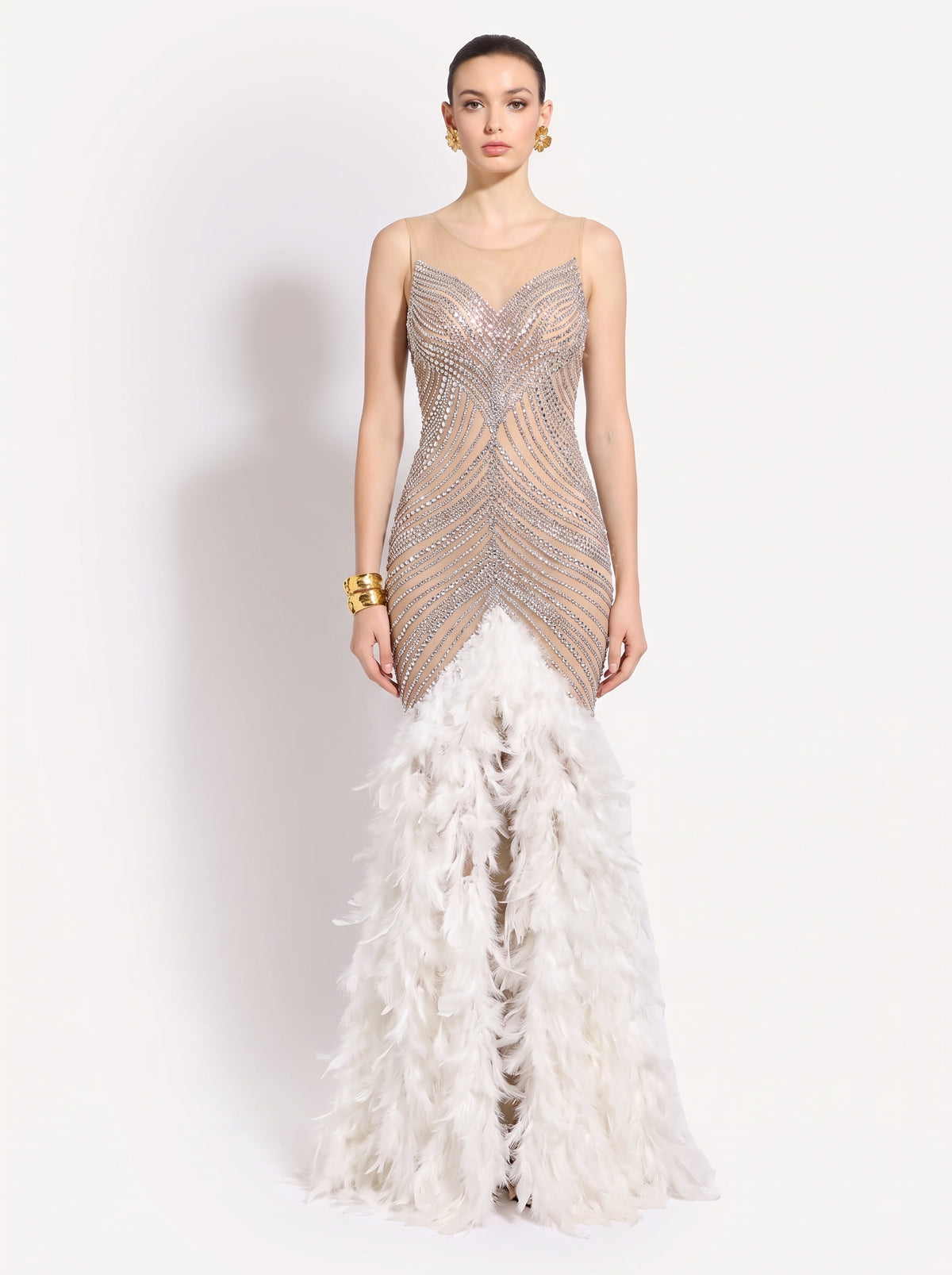 Antonia Rhinestone Feather Mermaid Gown, front view
