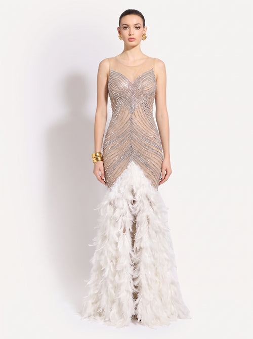 Antonia Rhinestone Feather Mermaid Gown, front view