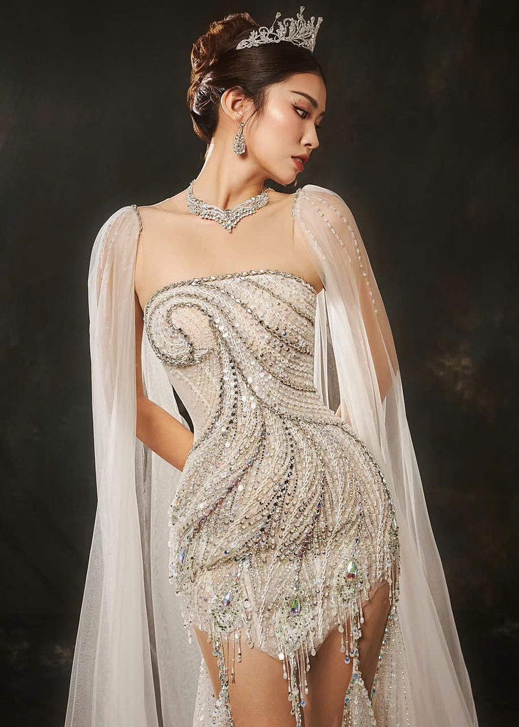 Arabella Crystal Beaded Lace Mermaid Gown — back view