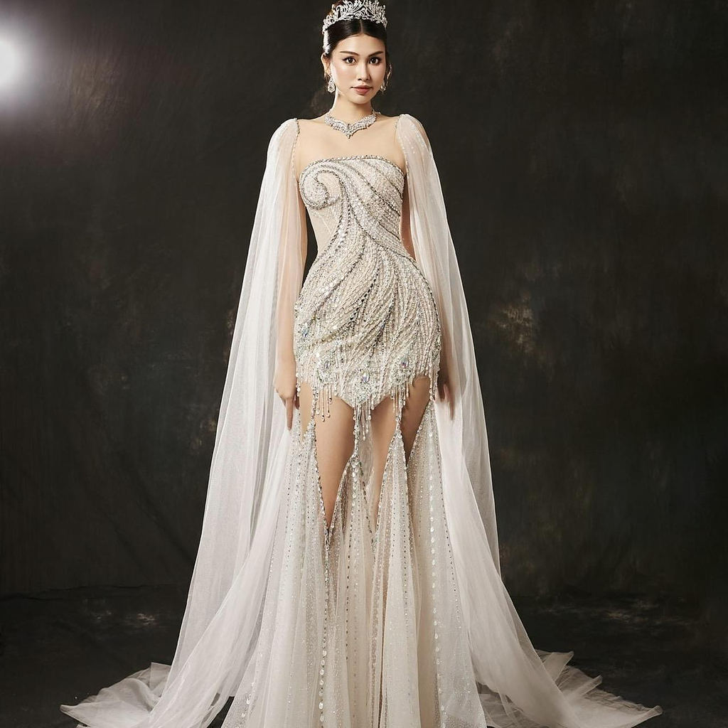Arabella Crystal Beaded Lace Mermaid Gown — front view