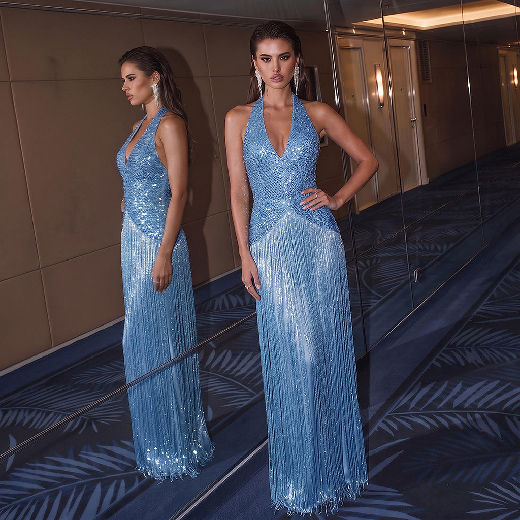 Celestine Fringe Halter Gown — front portrait