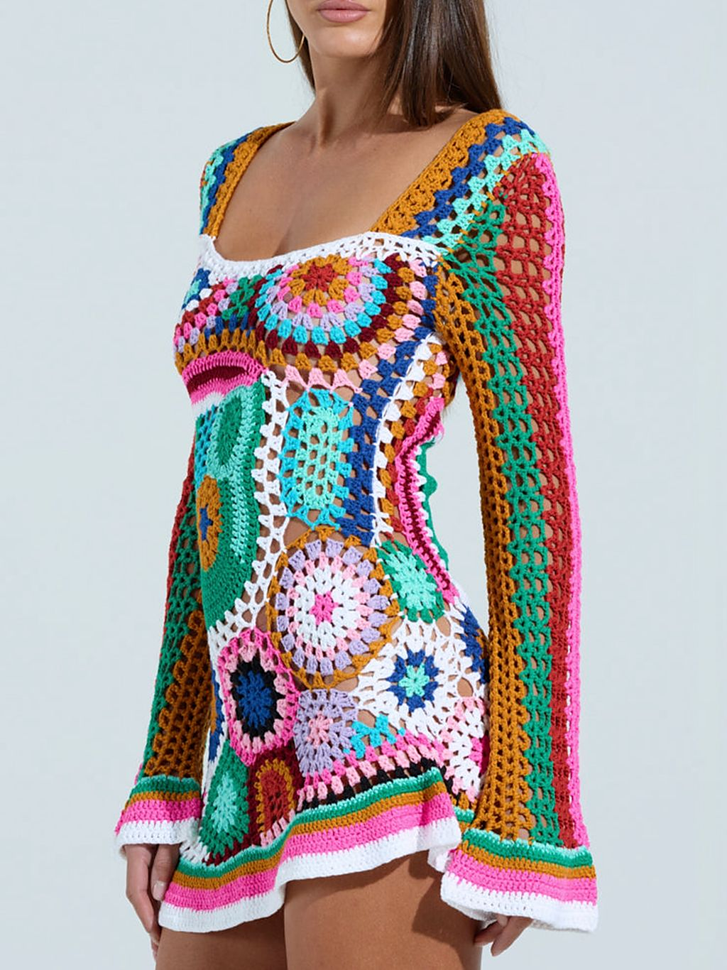 Riviera Mosaic Crochet Mini Dress — side view