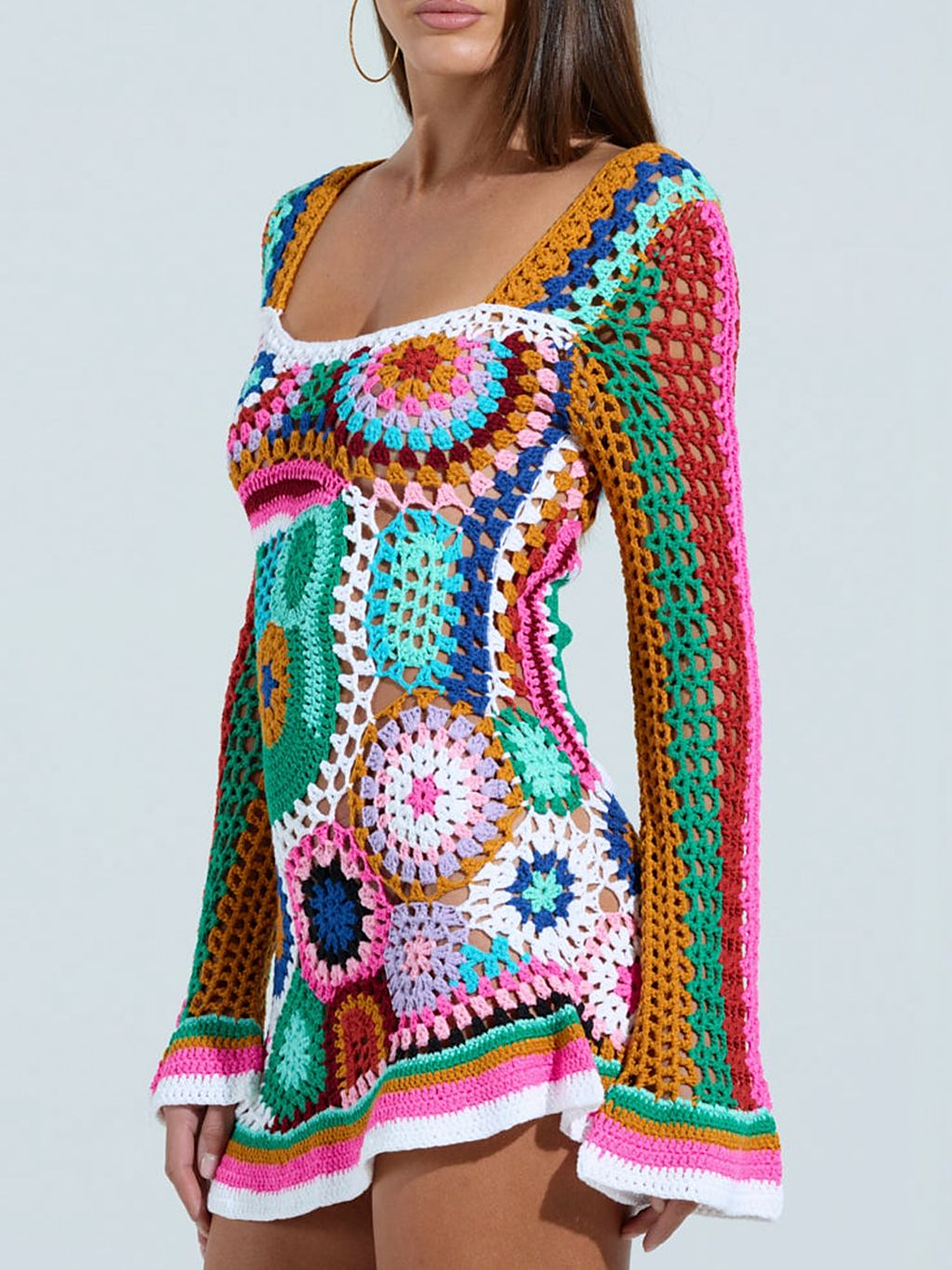 Riviera Mosaic Crochet Mini Dress — side view
