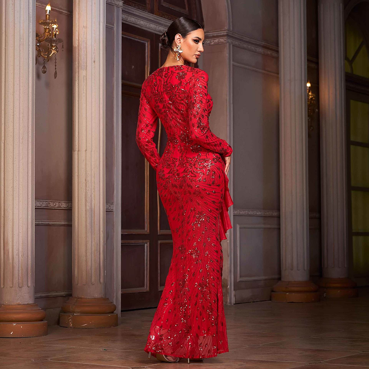 Camille Sequined Cowl Neck Sheath Gown — back view