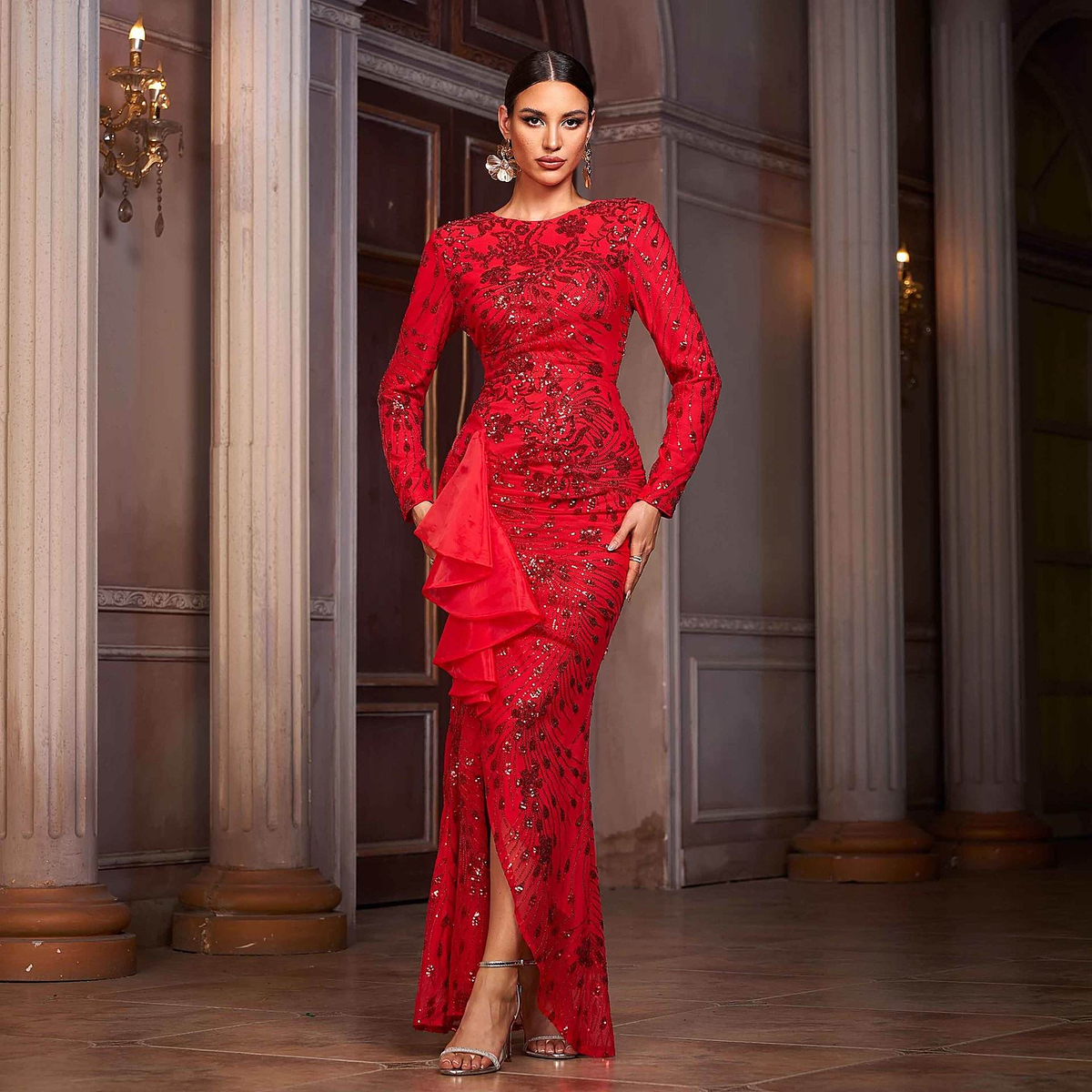 Camille Sequined Cowl Neck Sheath Gown — front view