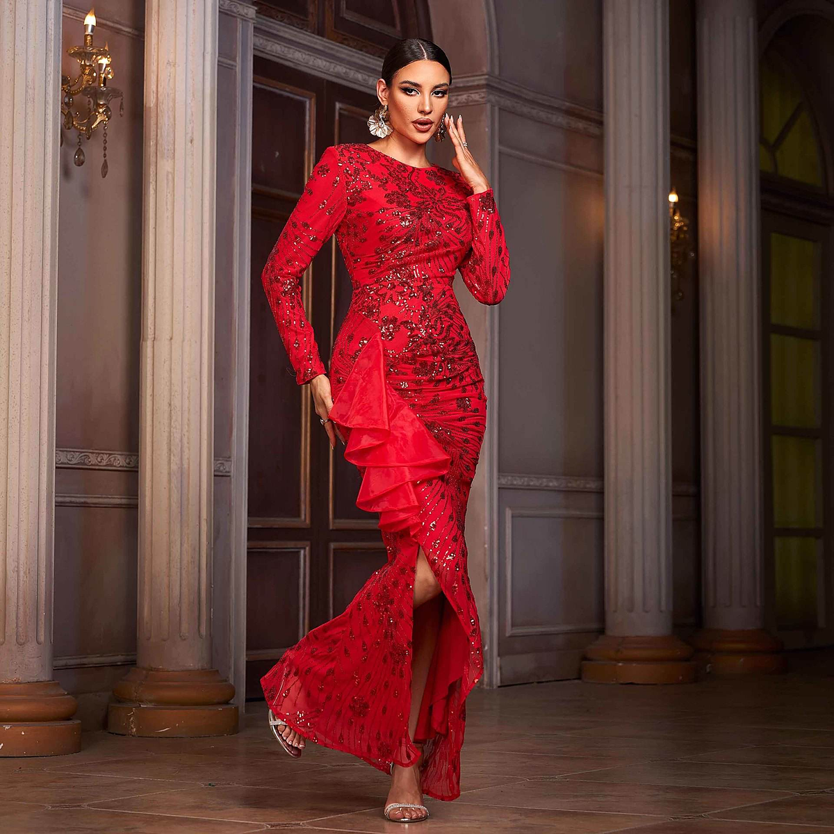 Camille Sequined Cowl Neck Sheath Gown — full view