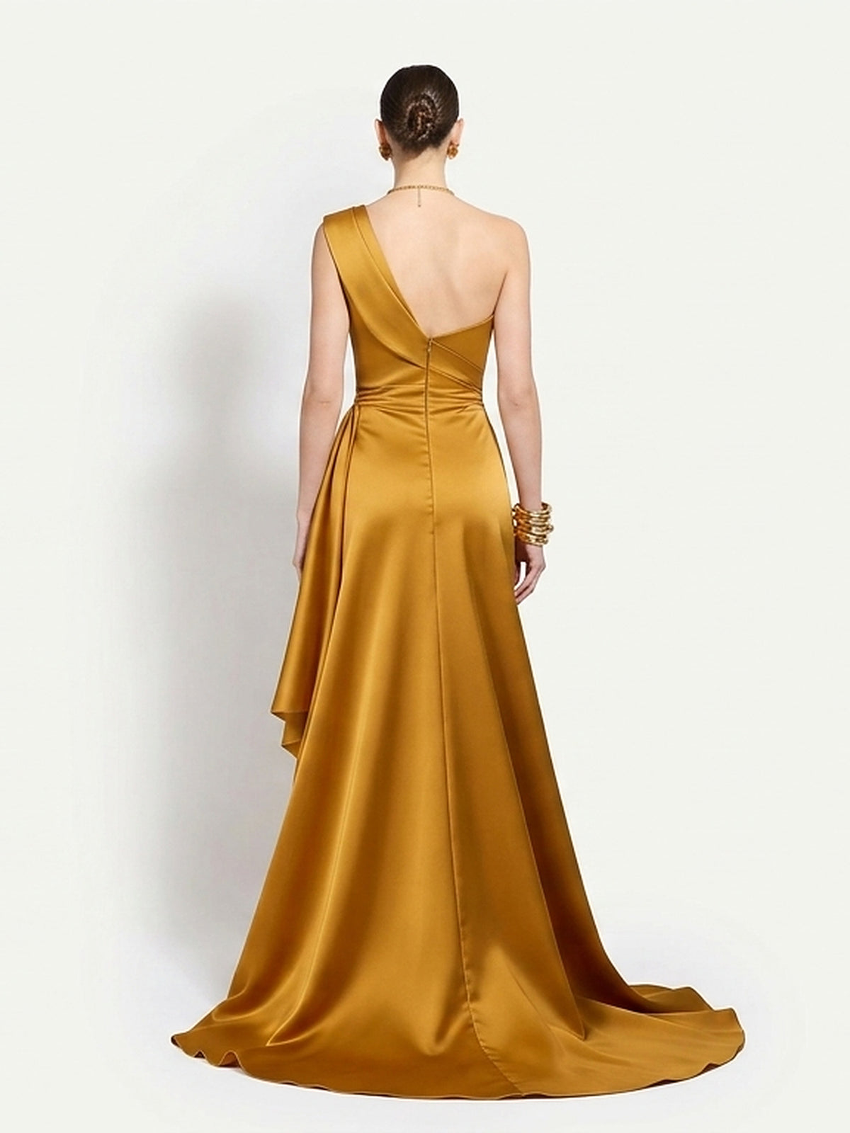 Cassia Ruched One-Shoulder Satin Gown, back view with sweep train