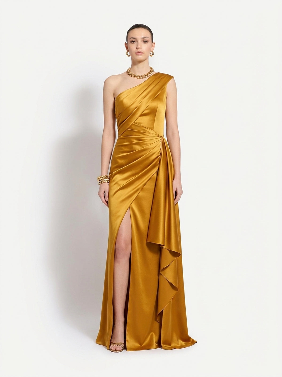 Cassia Ruched One-Shoulder Satin Gown, front view
