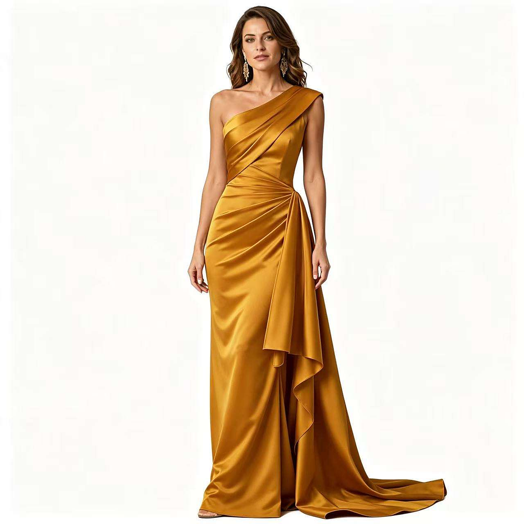 Cassia Ruched One-Shoulder Satin Gown — front view