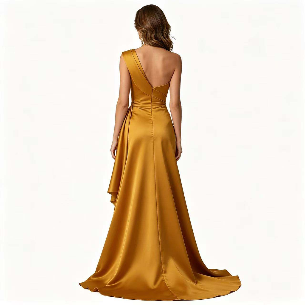 Cassia Ruched One-Shoulder Satin Gown — back view