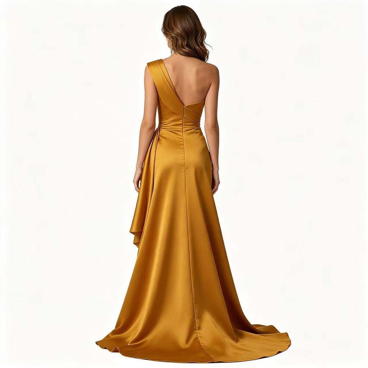 Cassia Ruched One-Shoulder Satin Gown — back view