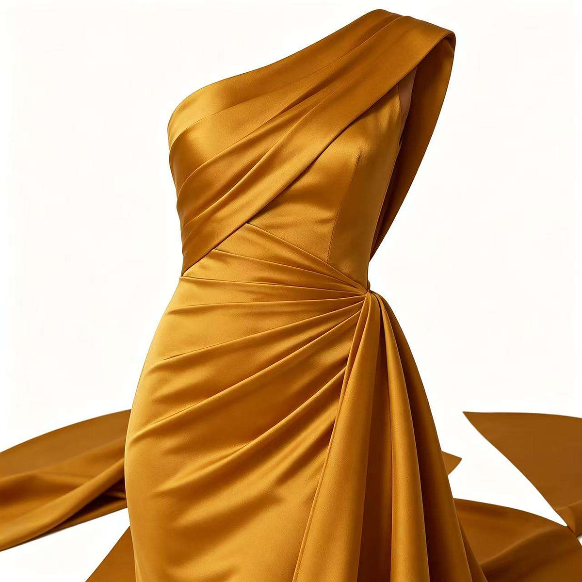Cassia Ruched One-Shoulder Satin Gown — drape detail
