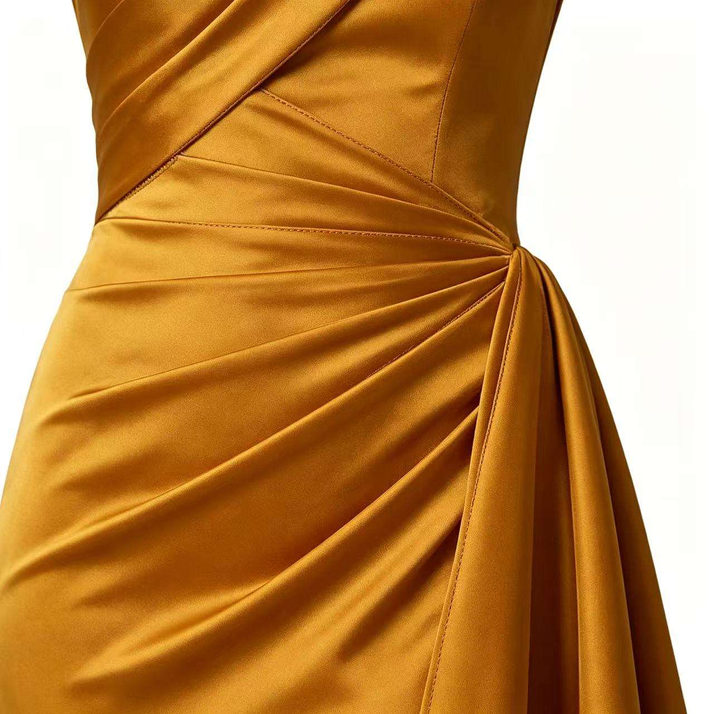 Cassia Ruched One-Shoulder Satin Gown — waist detail