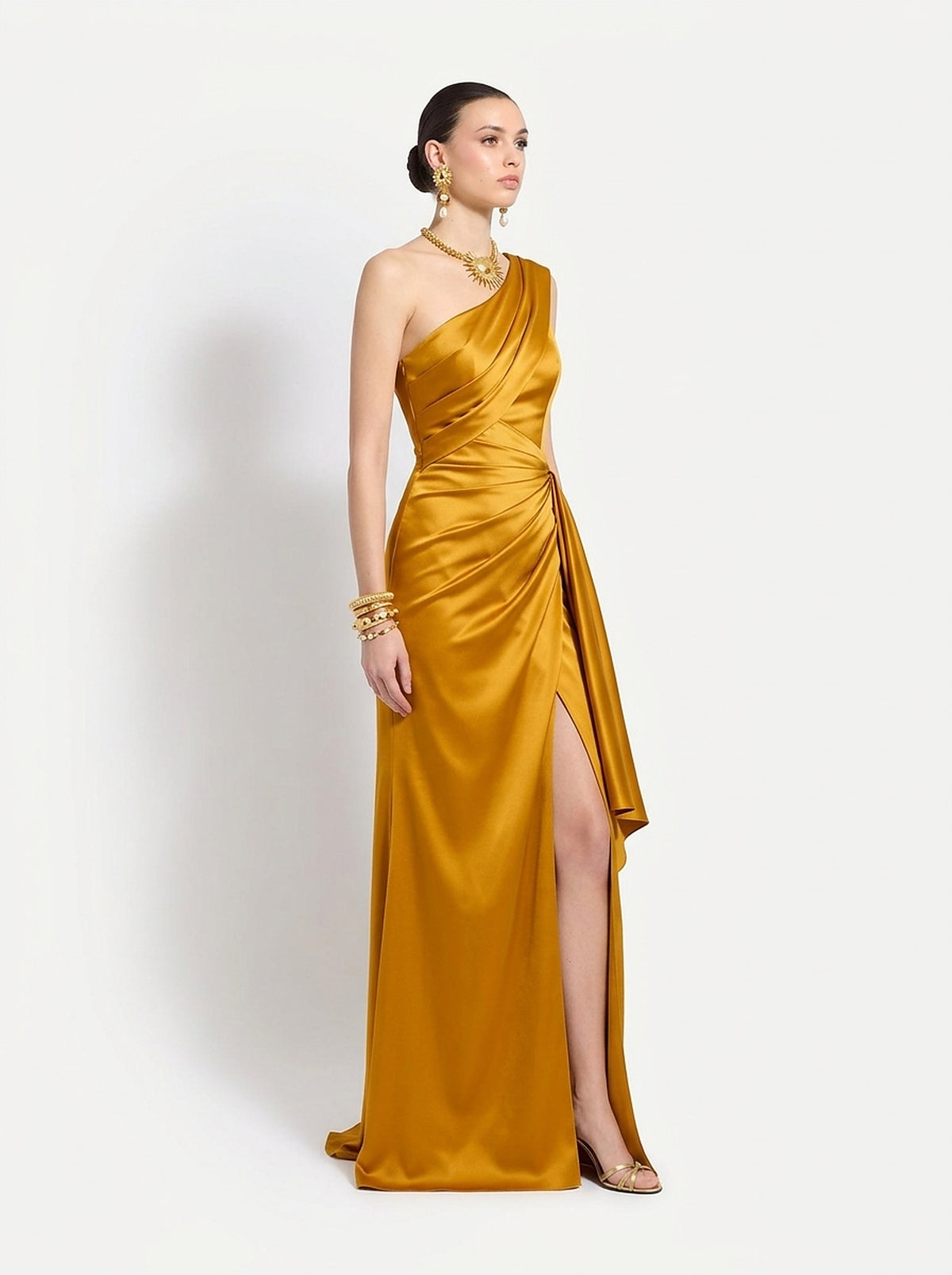 Cassia Ruched One-Shoulder Satin Gown, three-quarter view with train