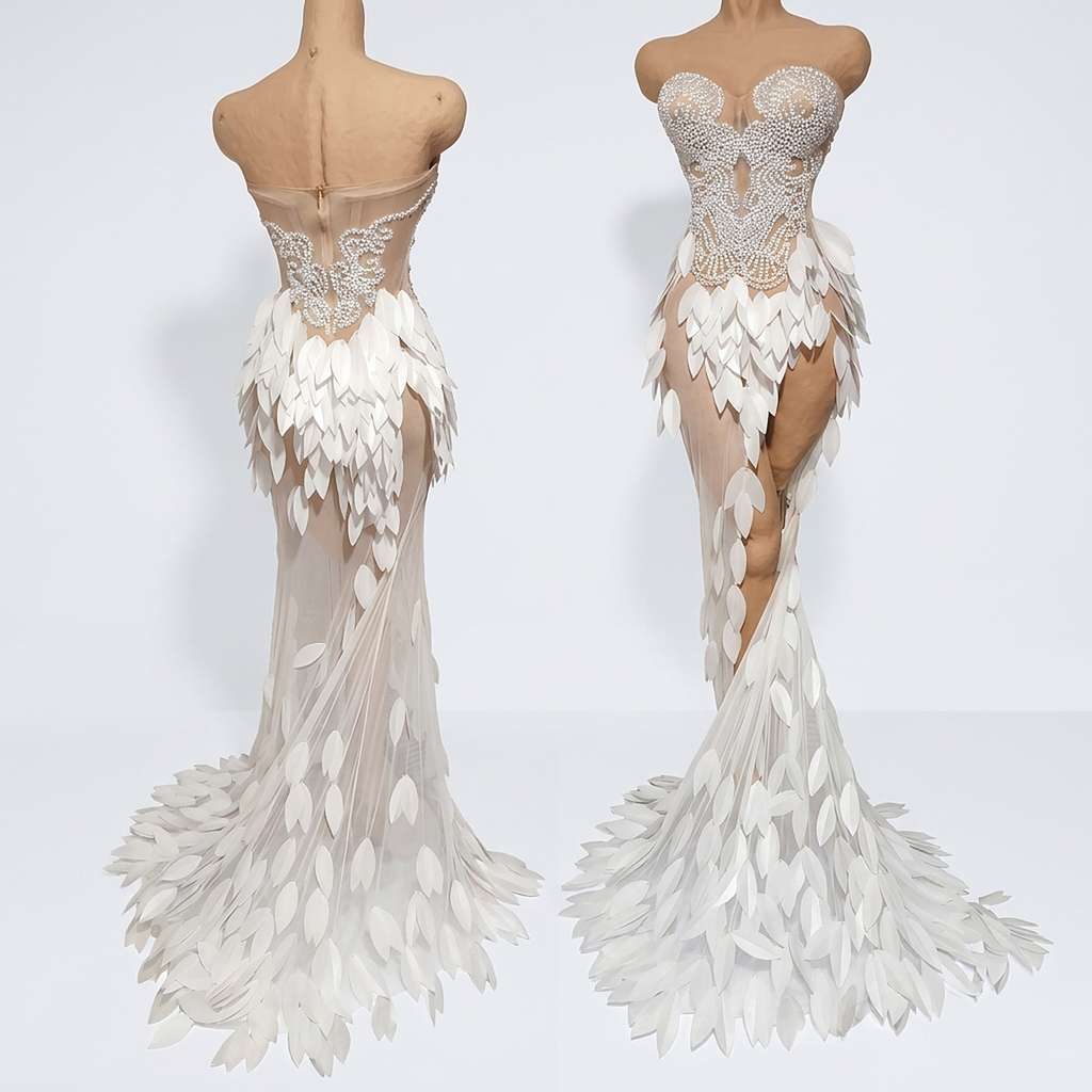 Alessia Leaf Pearl A-Line Gown — back and front view