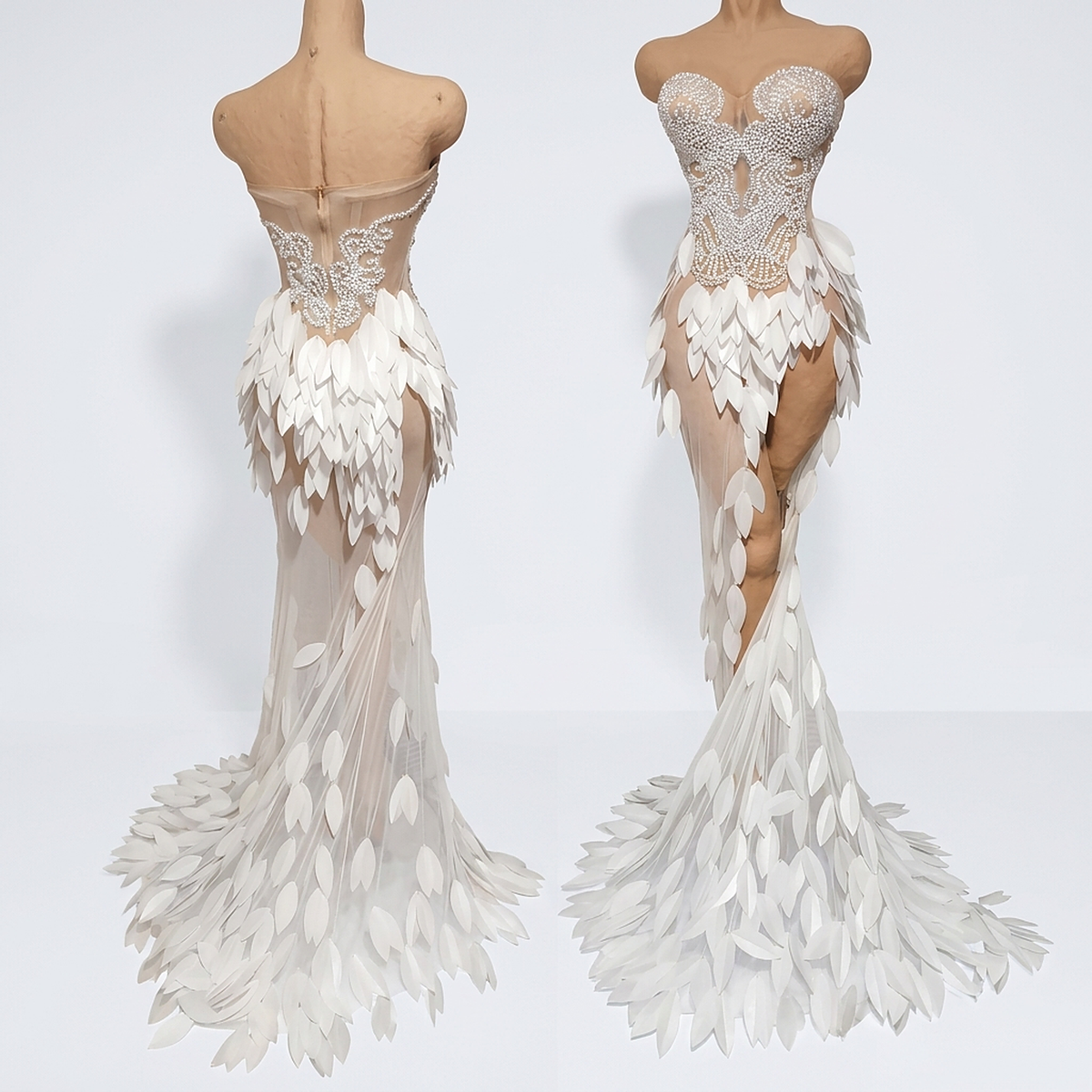 Alessia Leaf Pearl A-Line Gown — back and front view