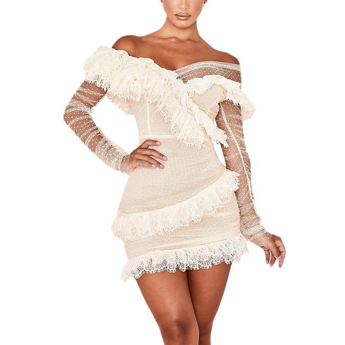 Lucille Lace Ruffle Bodycon Mini Dress — full view