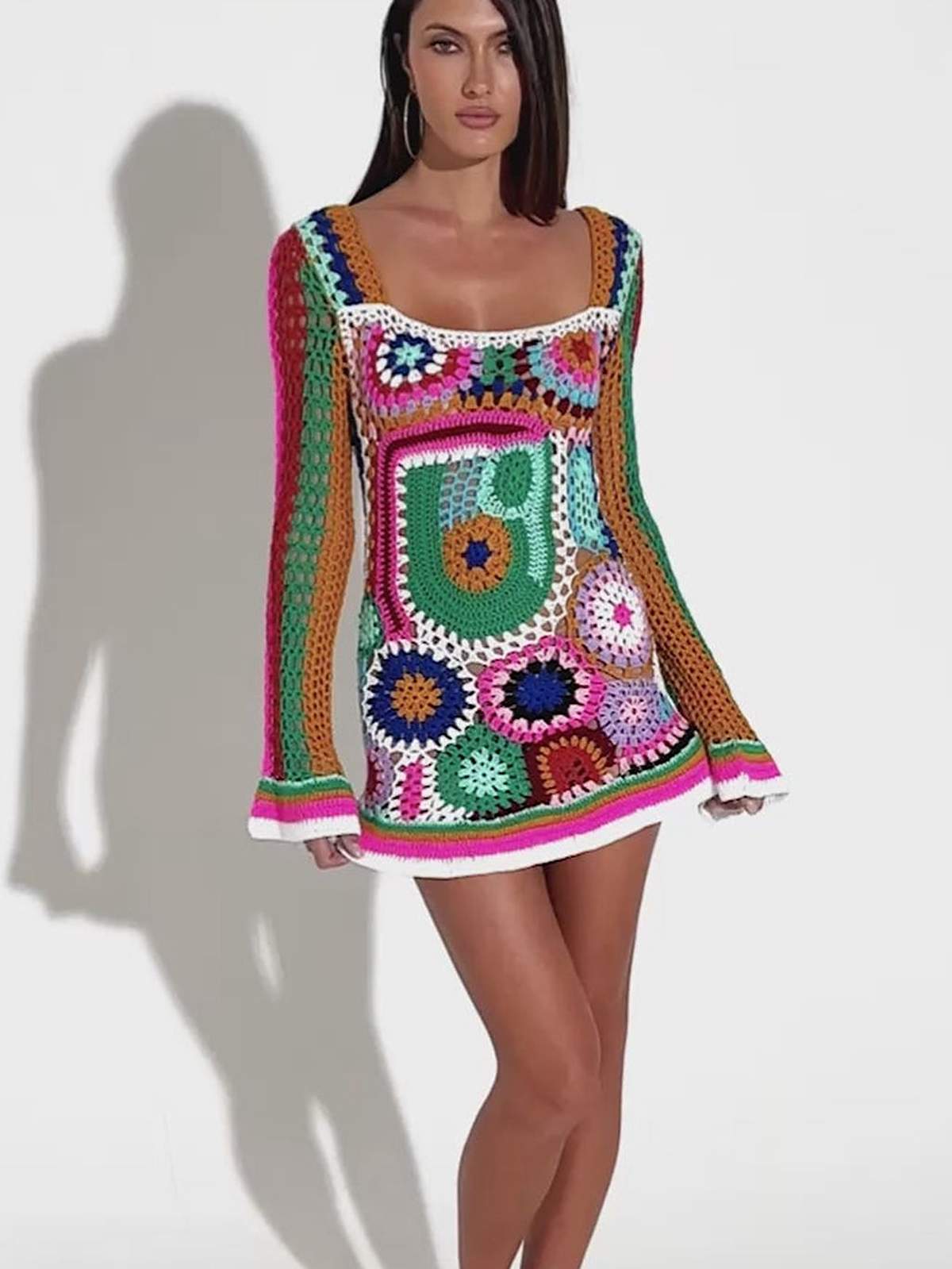 Riviera Mosaic Crochet Mini Dress — full-length view