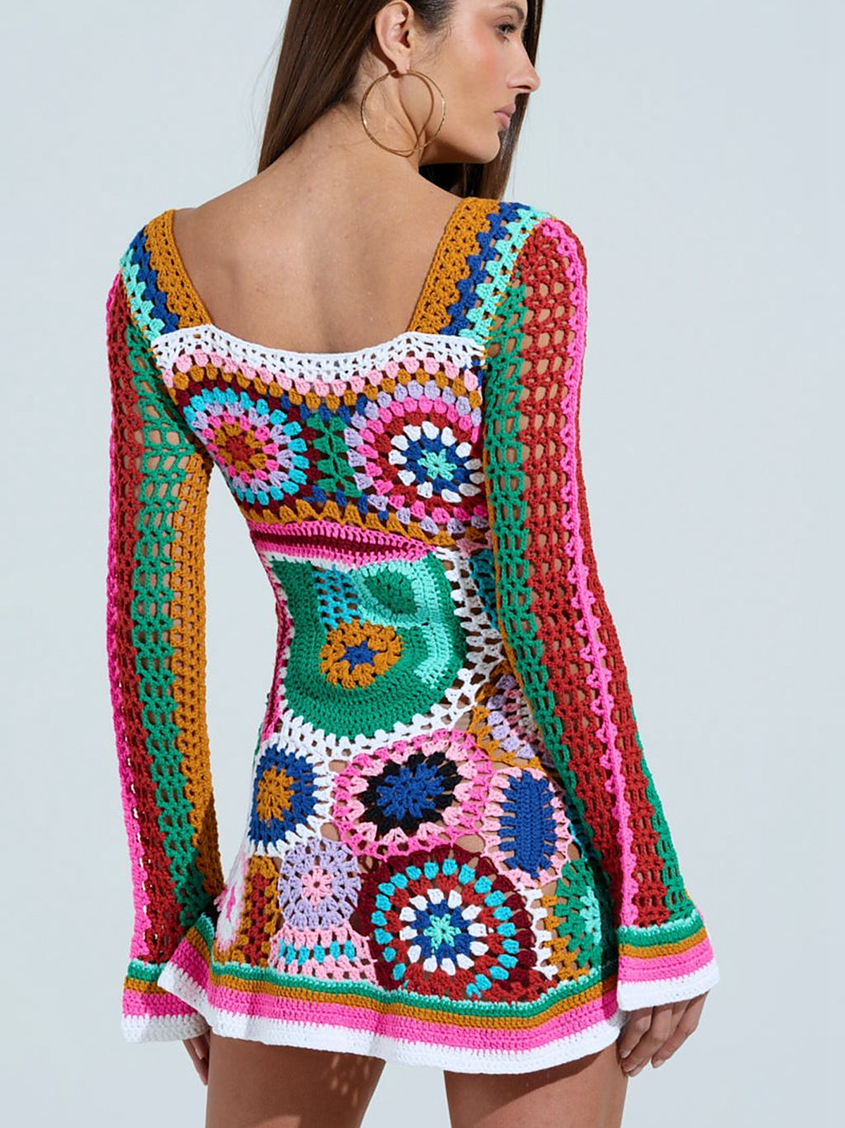 Riviera Mosaic Crochet Mini Dress — back view
