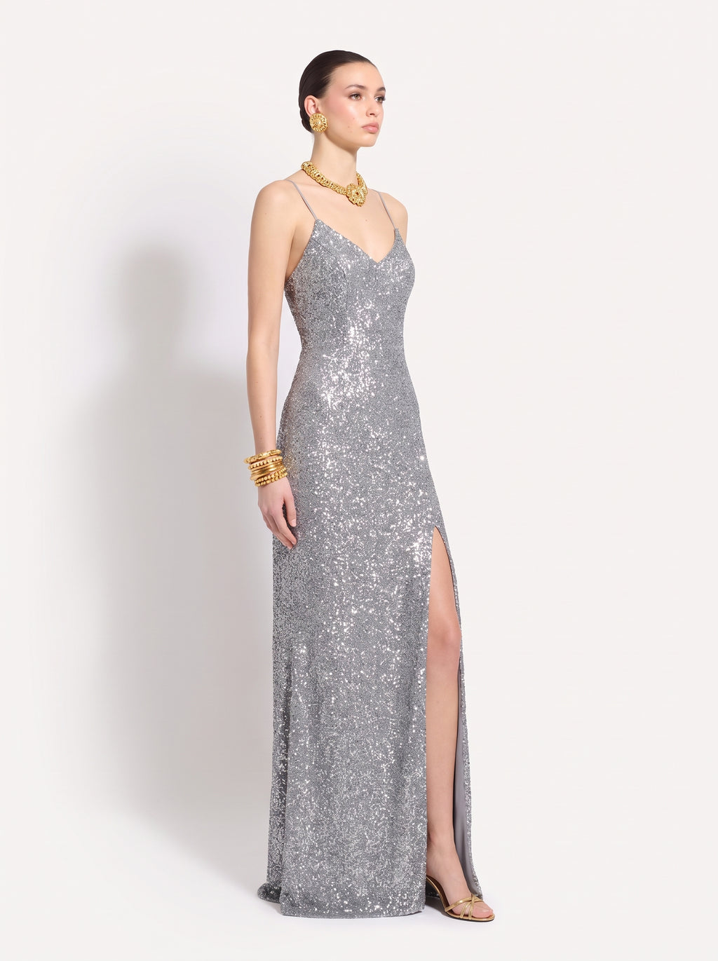 Imogen Silver Sparkle Cami Dress, three-quarter view with side slit