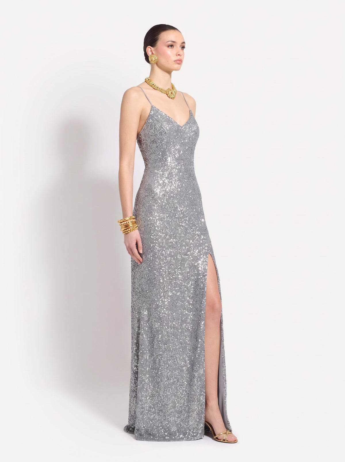 Imogen Silver Sparkle Cami Dress, three-quarter view with side slit