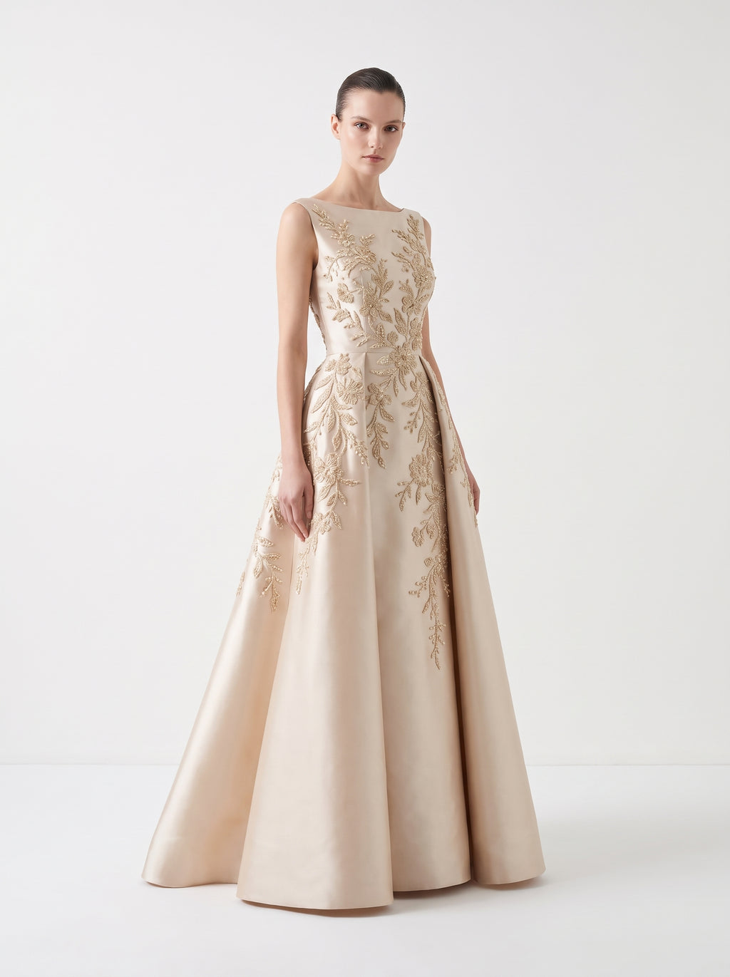 Marielle Floral Embroidered Satin Gown, angled view