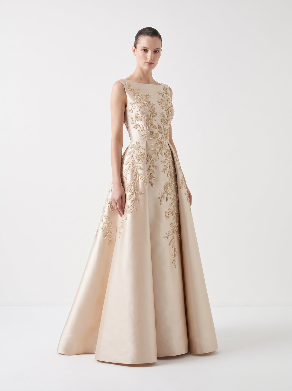 Marielle Floral Embroidered Satin Gown, angled view