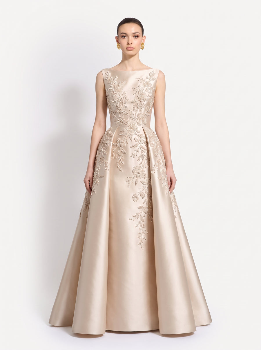 Marielle Floral Embroidered Satin Gown