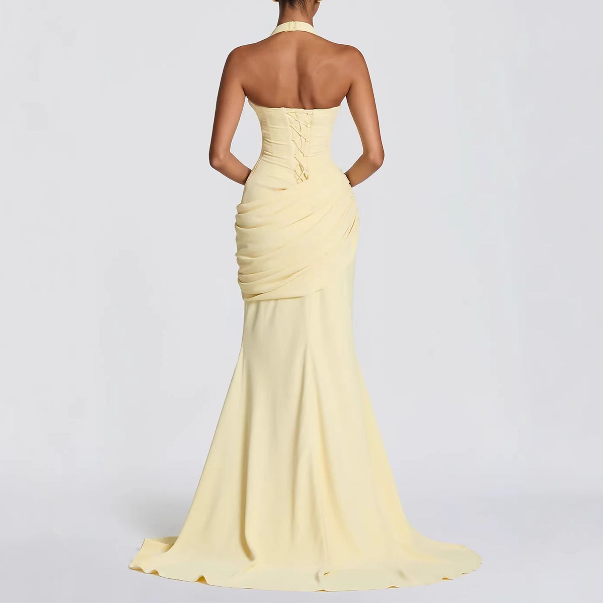 Delphine Pleated Halter Bodycon Gown — back view