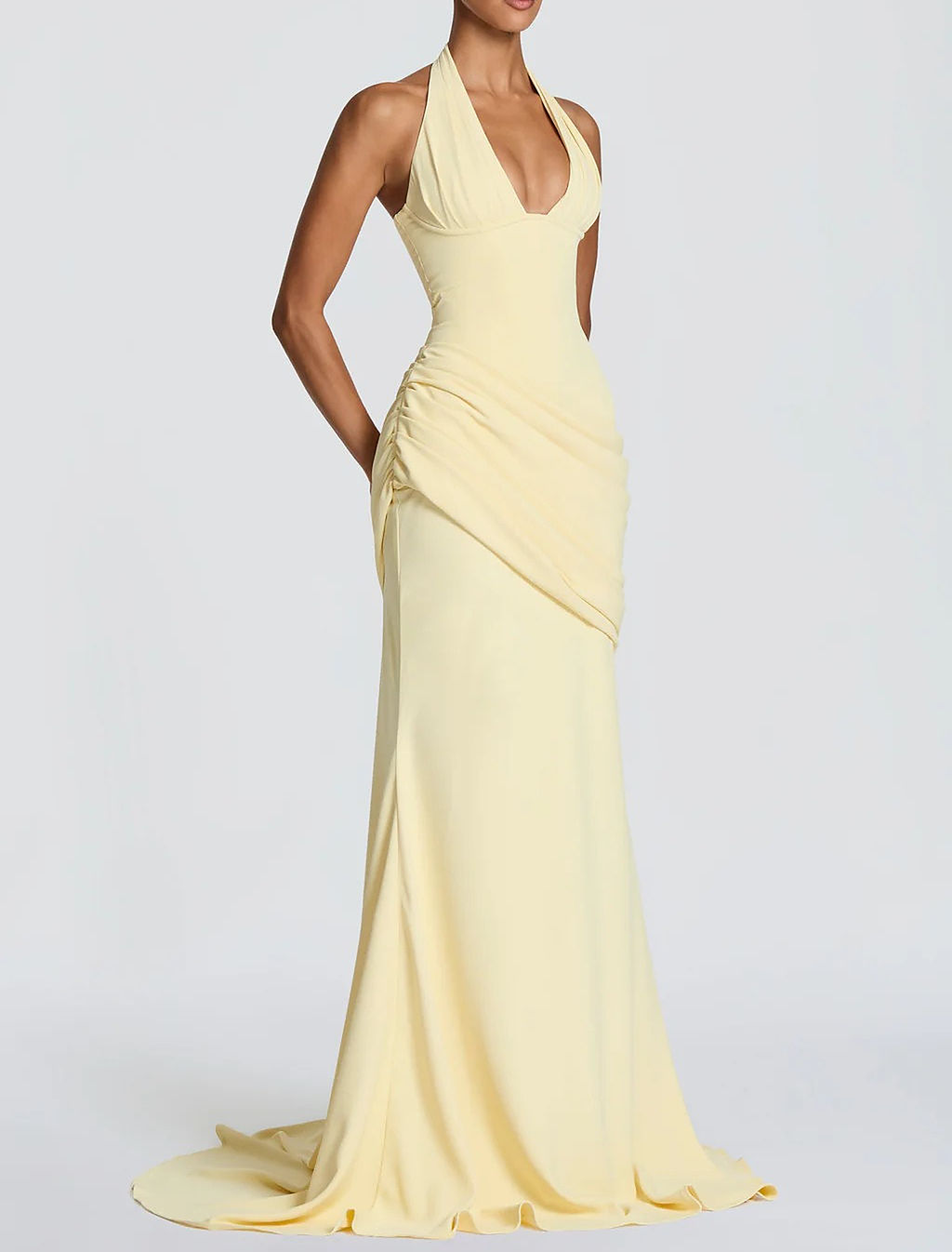 Delphine Pleated Halter Bodycon Gown — side view