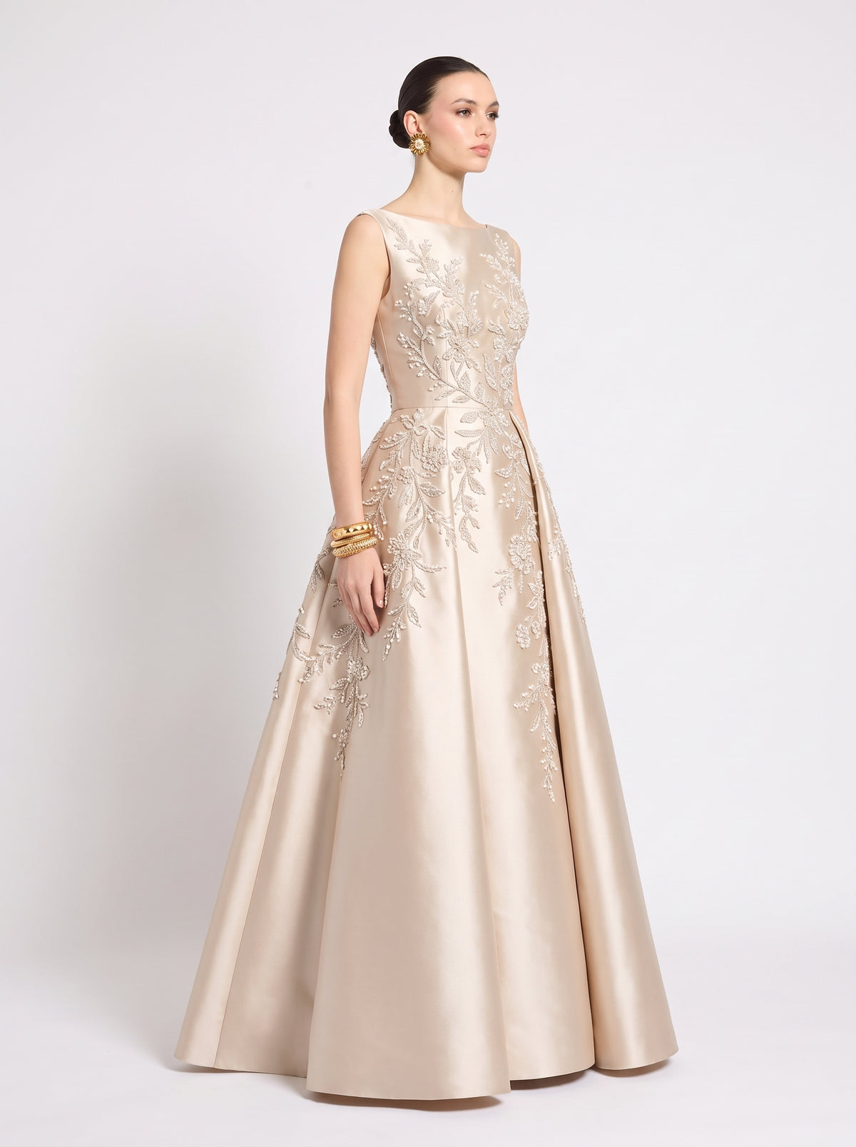 Marielle Floral Embroidered Satin Gown, three-quarter view
