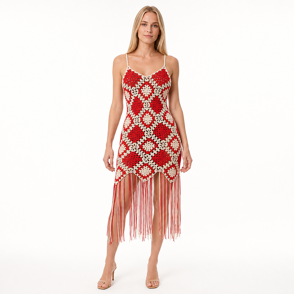 Marisol Geometric Crochet Tassel Dress — front view