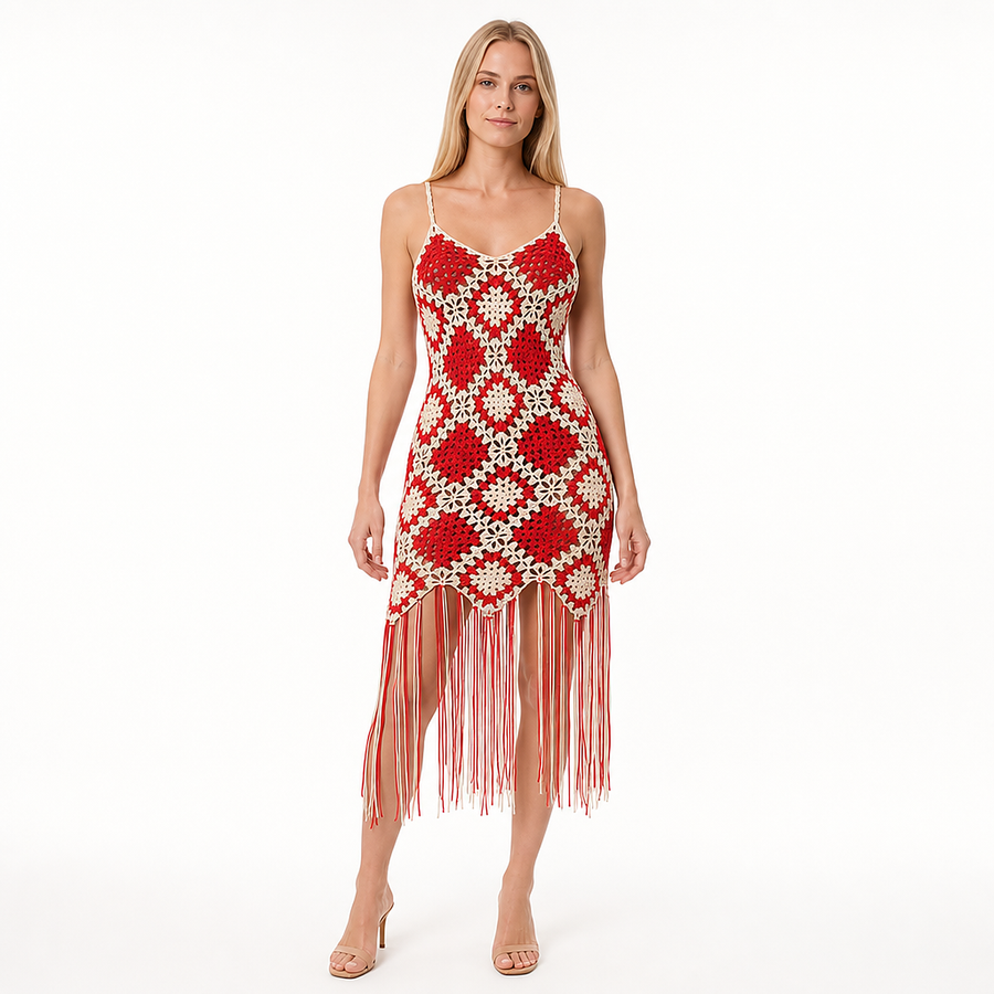 Marisol Geometric Crochet Tassel Dress — front view