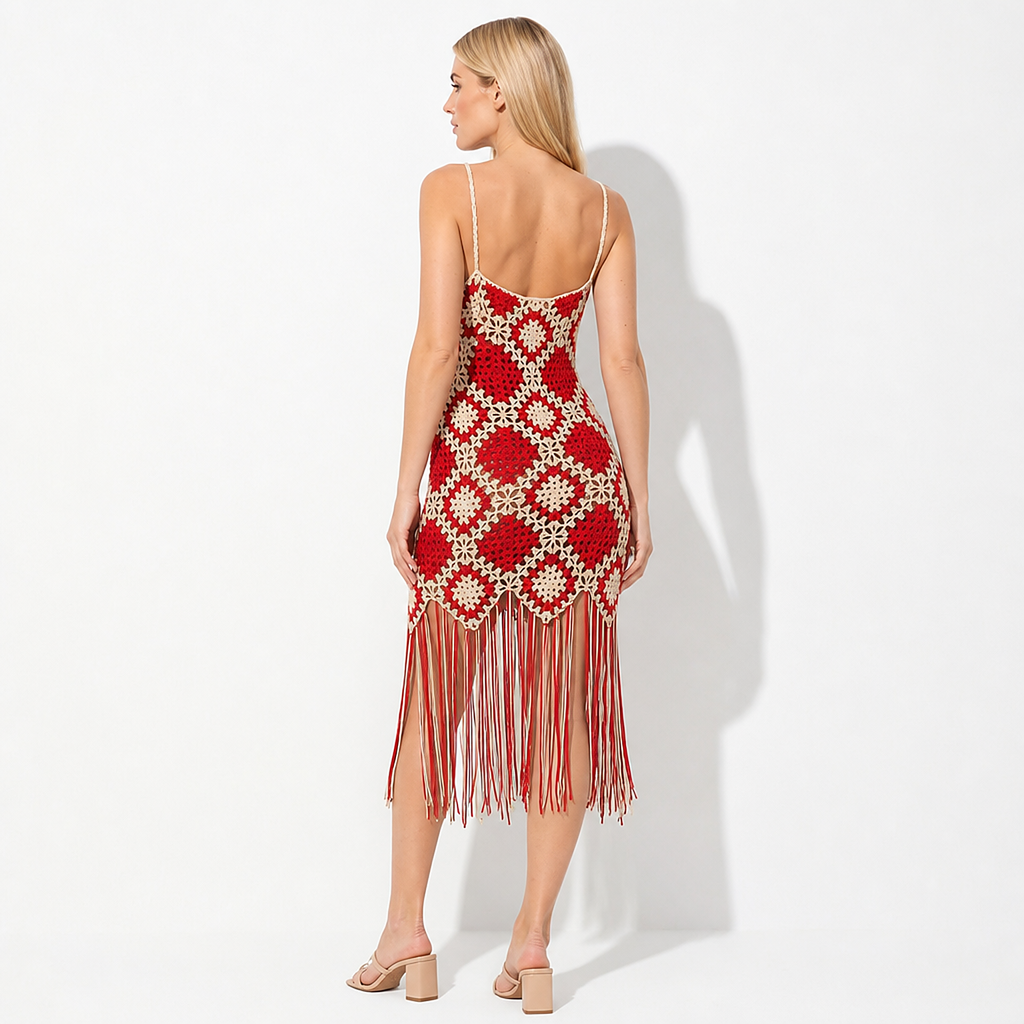 Marisol Geometric Crochet Tassel Dress — back view