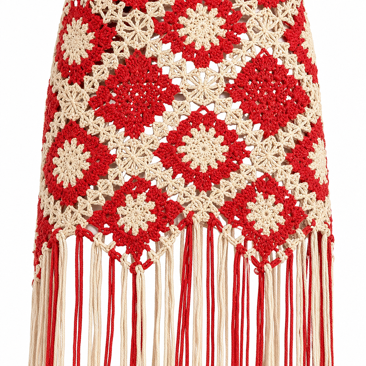 Marisol Geometric Crochet Tassel Dress — crochet detail view