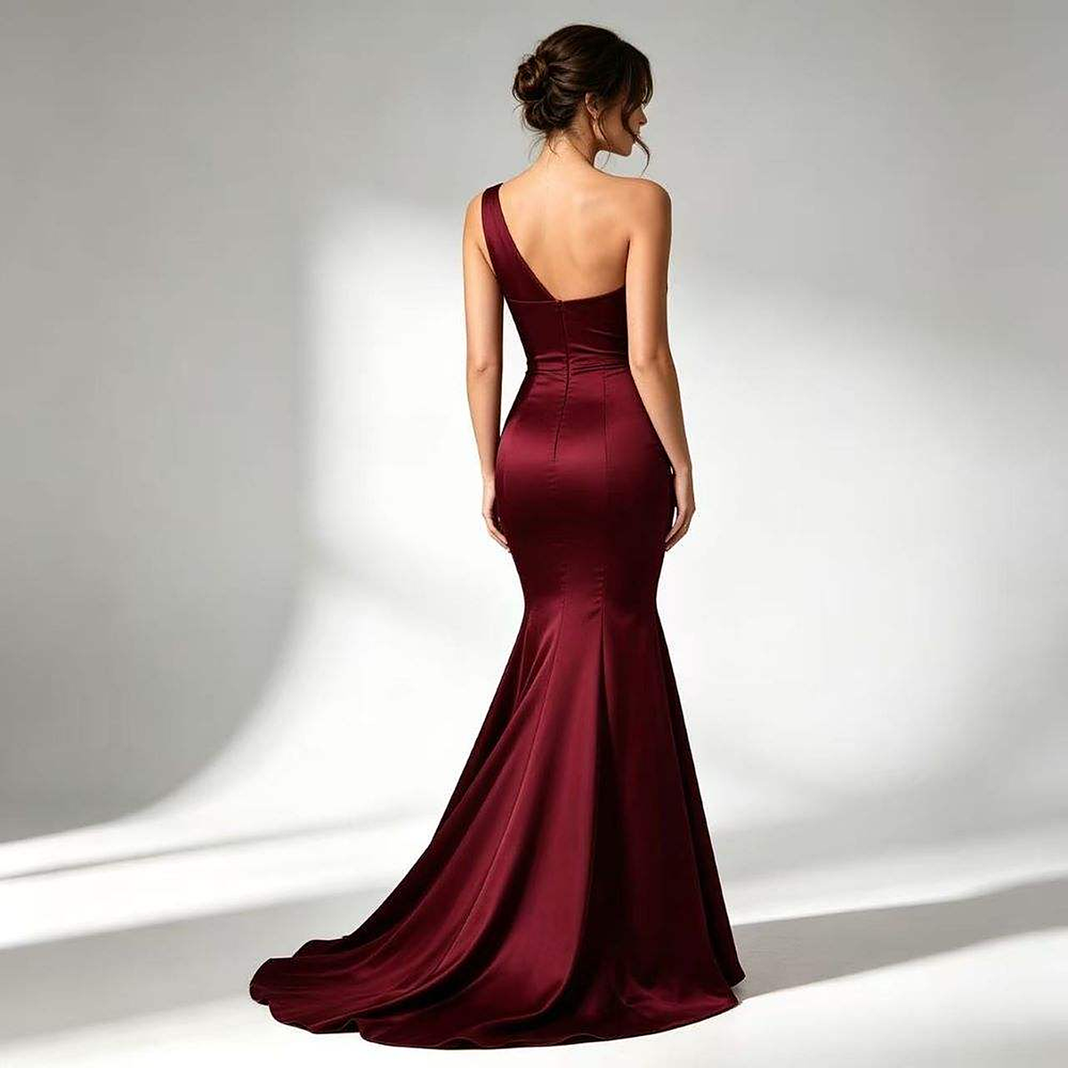 Veronique Ruched One-Shoulder Mermaid Gown — back view