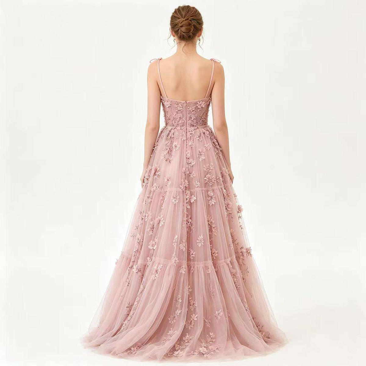 Rosalie Floral Tulle A-Line Gown — back view