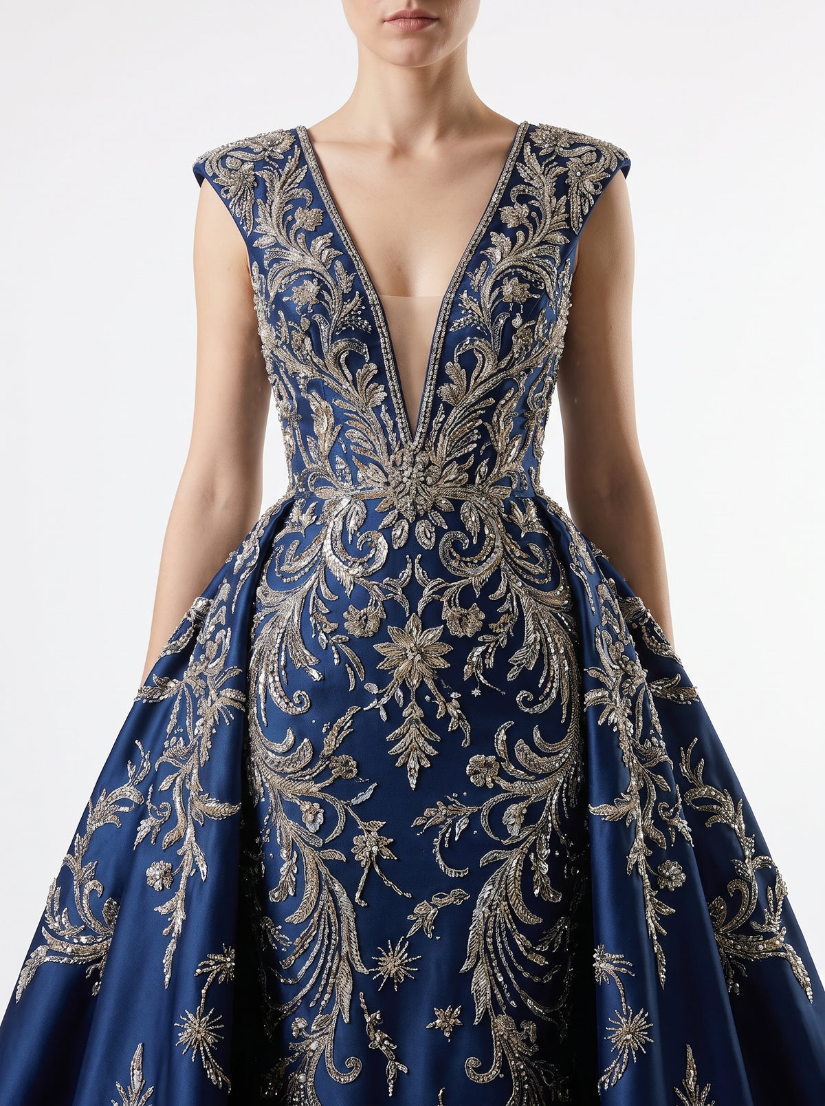 Sabine gown, V-neckline and embroidery detail