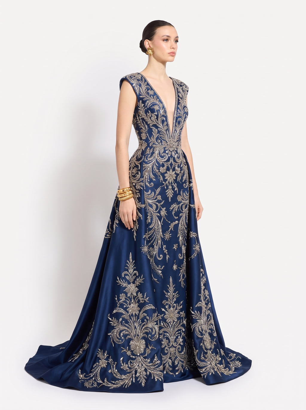 Sabine Embroidered A-Line Gown, three-quarter view with train