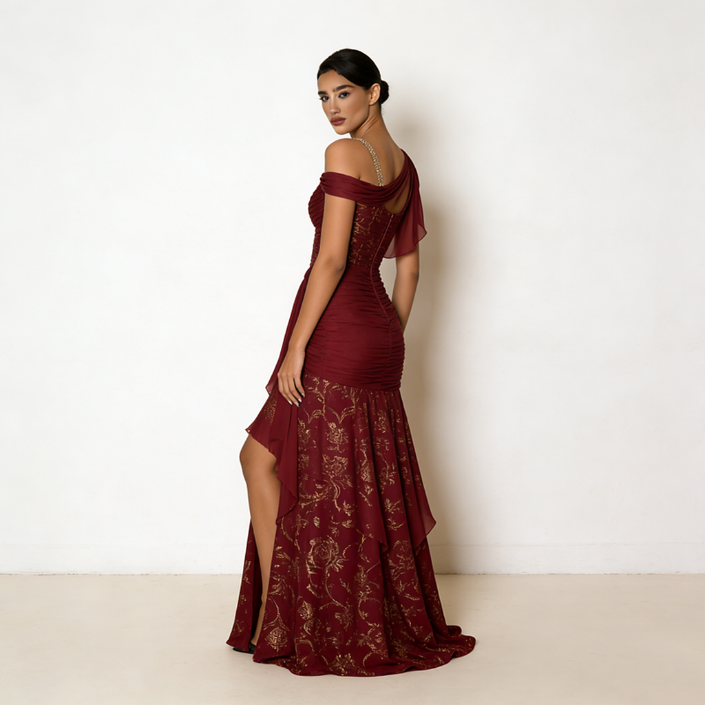 Seraphina Ruched Asymmetric Gown — back view