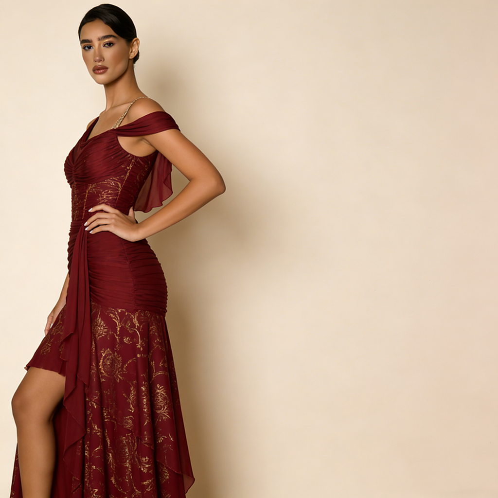 Seraphina Ruched Asymmetric Gown — close detail view