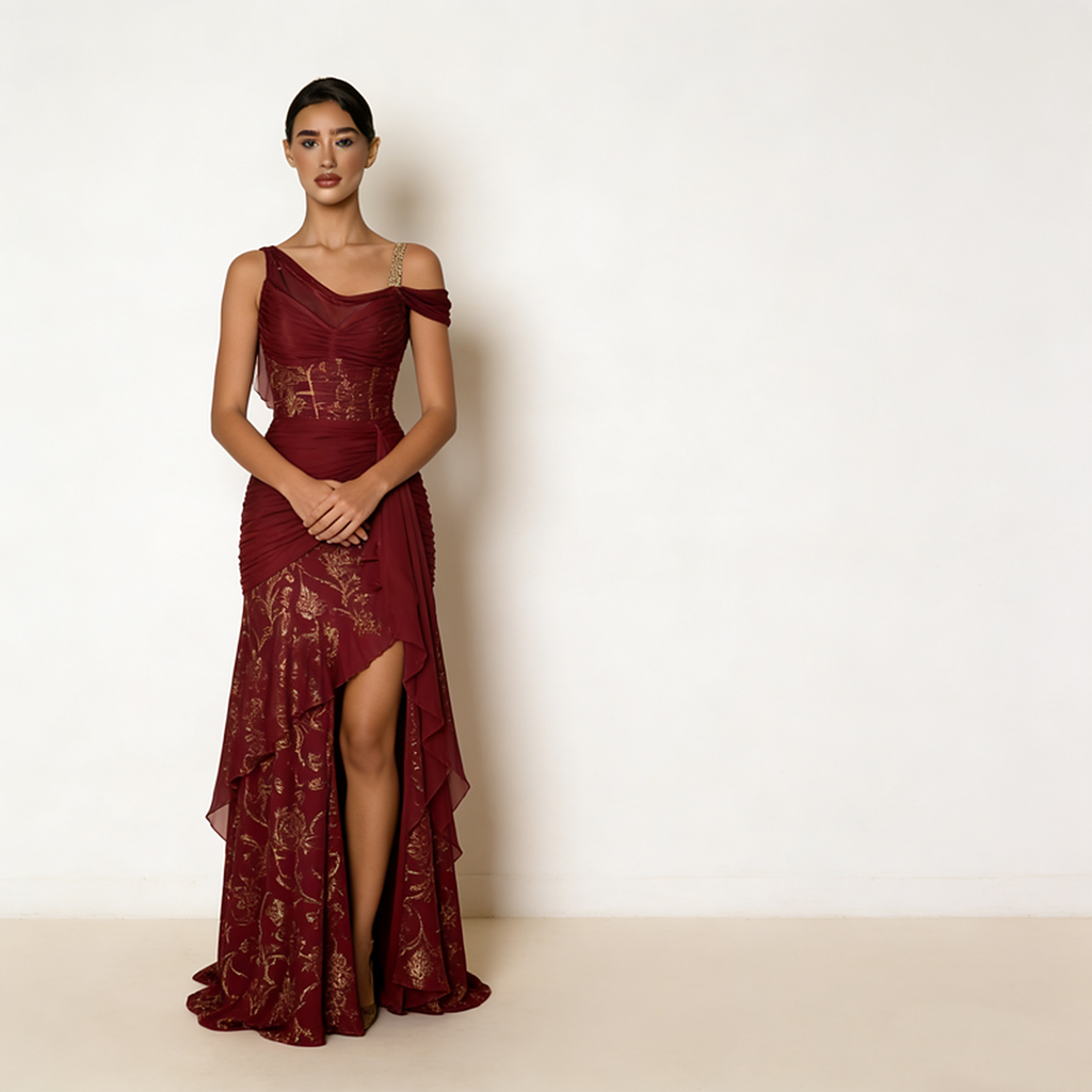 Seraphina Ruched Asymmetric Gown — detail view