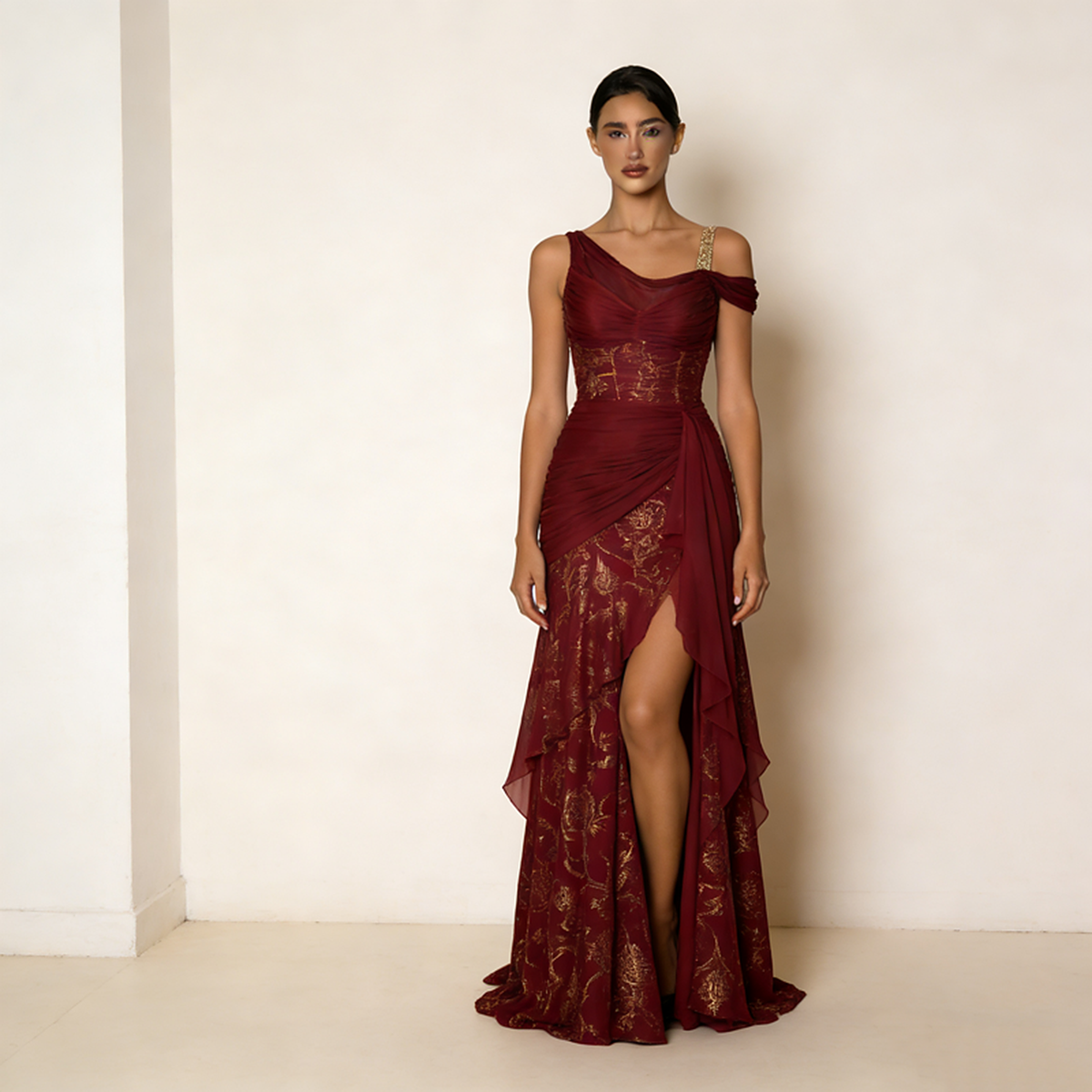 Seraphina Ruched Asymmetric Gown — front view
